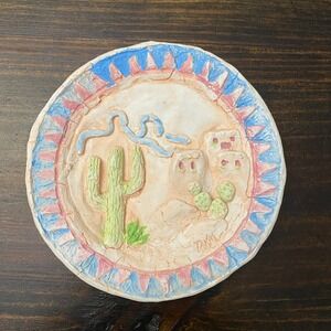 Southwest Desert Wall Hanging Plate Cactus Ceramic Art Pottery Signed‎ 7.5" OOAK